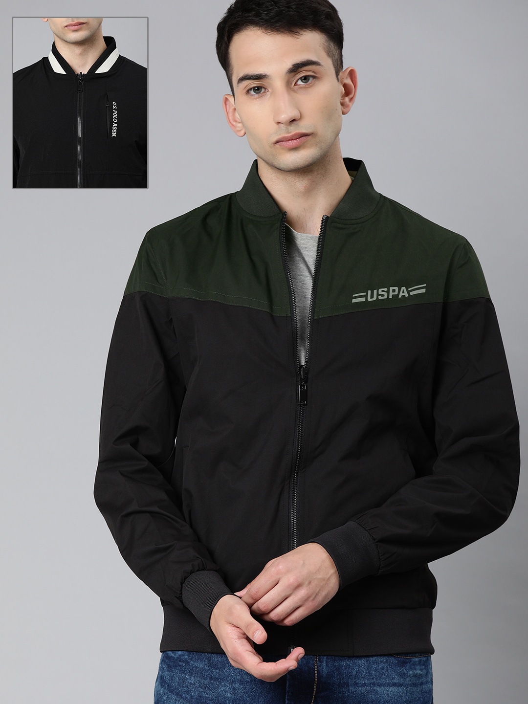 

U.S. Polo Assn. Men Black & Olive Solid Reversible Bomber Jacket
