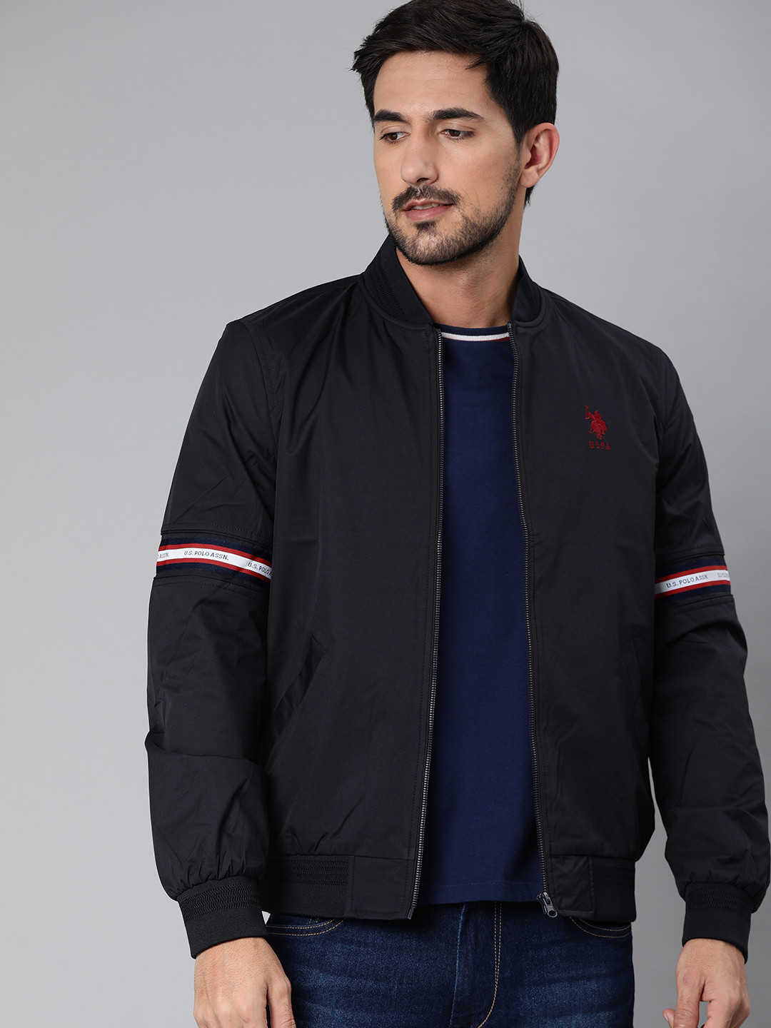 

U.S. Polo Assn. Men Navy Blue Solid Bomber Jacket