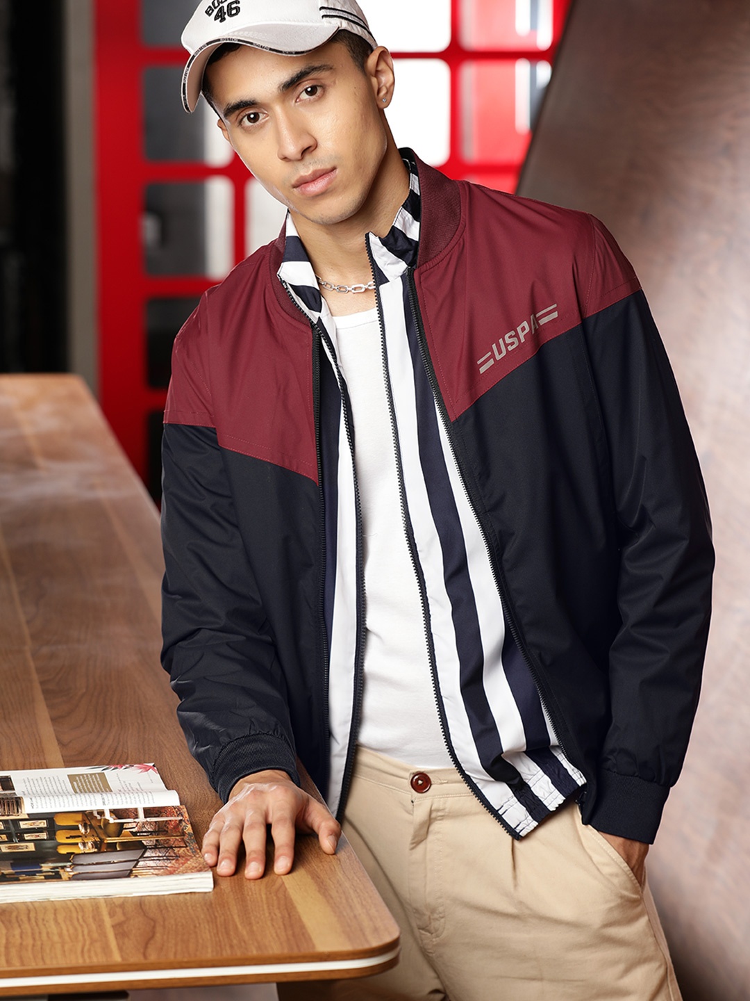 

U.S. Polo Assn. Men Navy Blue & Maroon Colourblocked Reversible Bomber Jacket
