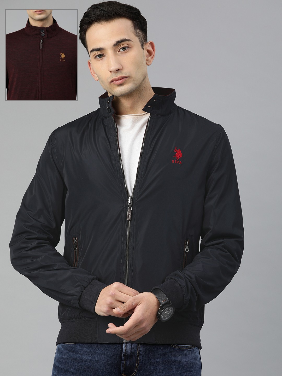 

U.S. Polo Assn. Men Navy Blue Solid Reversible Bomber