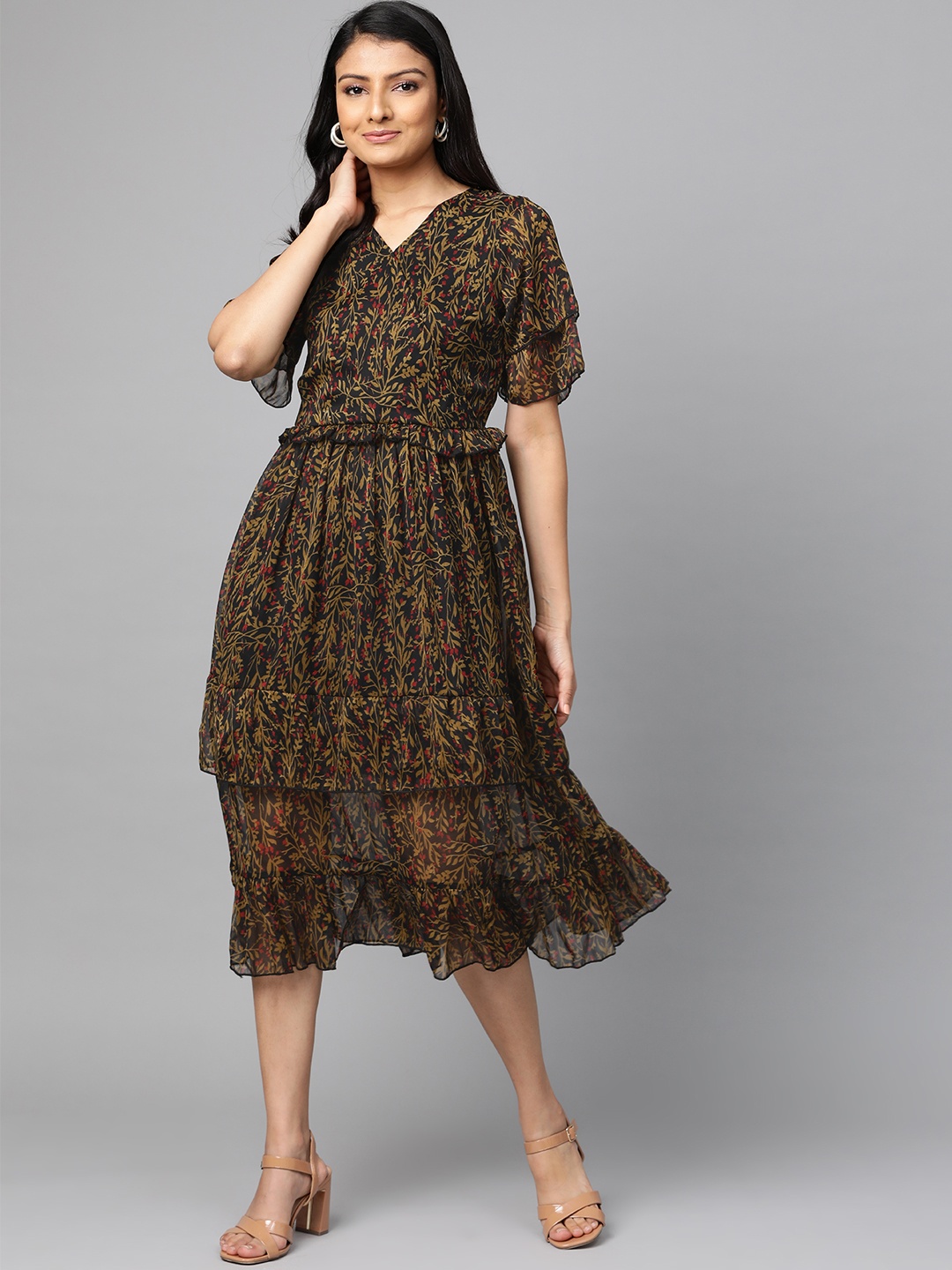 

plusS Women Black & Olive Brown Floral Print Tiered Wrap Dress