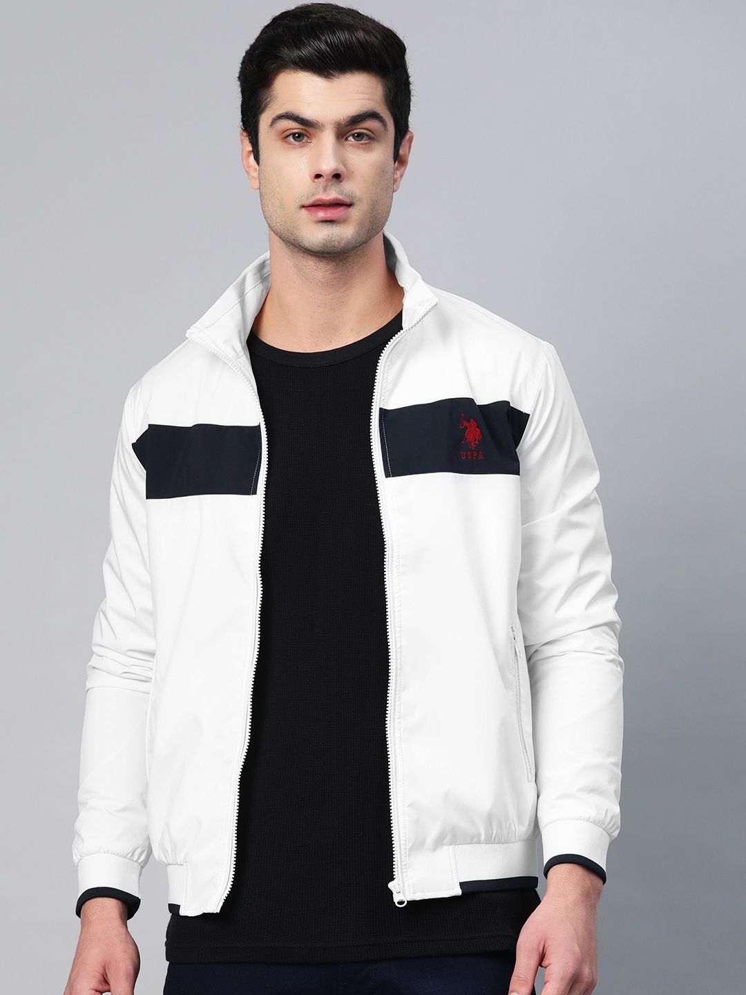 

U.S. Polo Assn. Men White & Navy Blue Solid Bomber Jacket