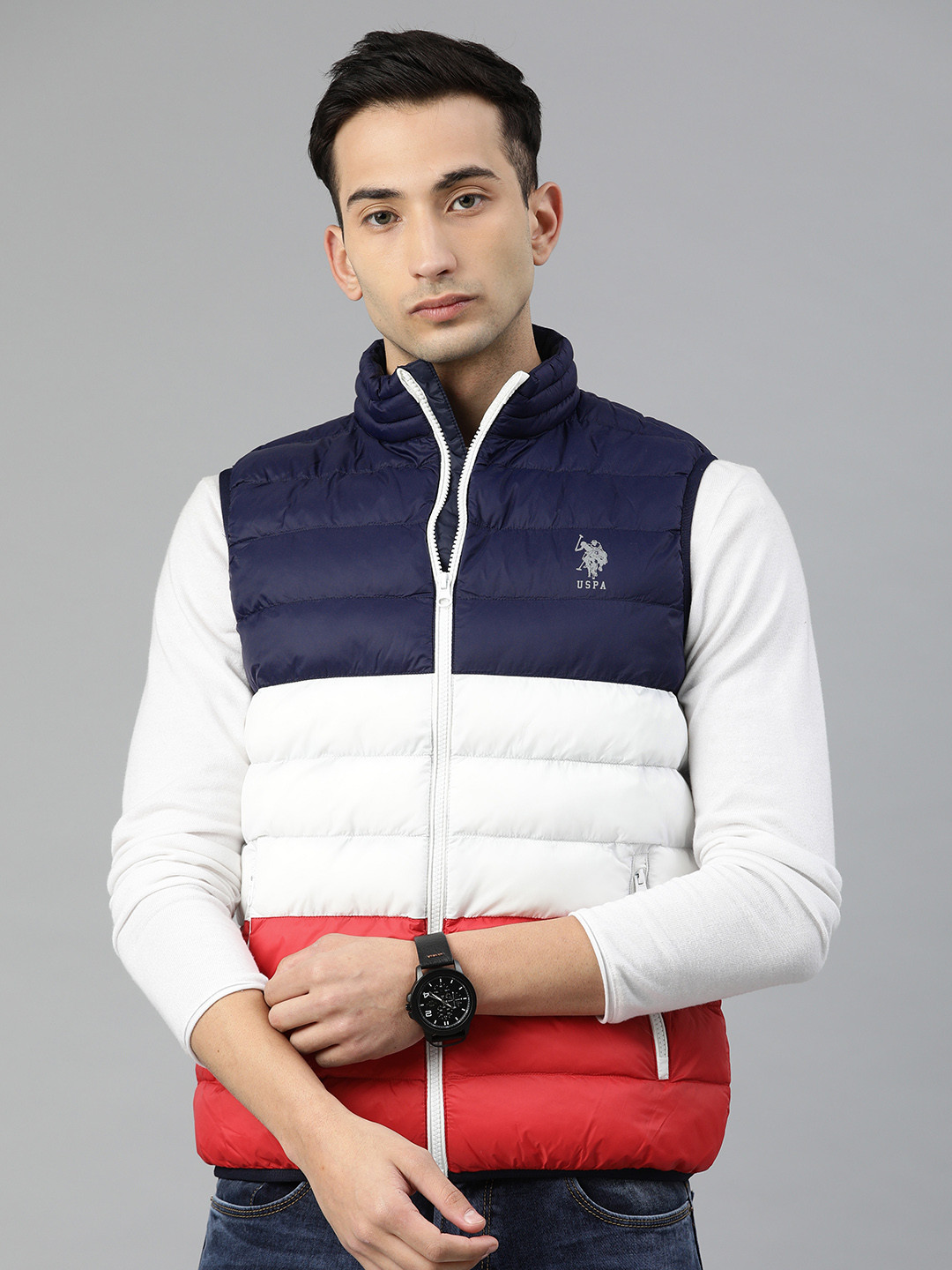 

U.S. Polo Assn. Men Navy Blue & White Colourblocked Puffer Jacket