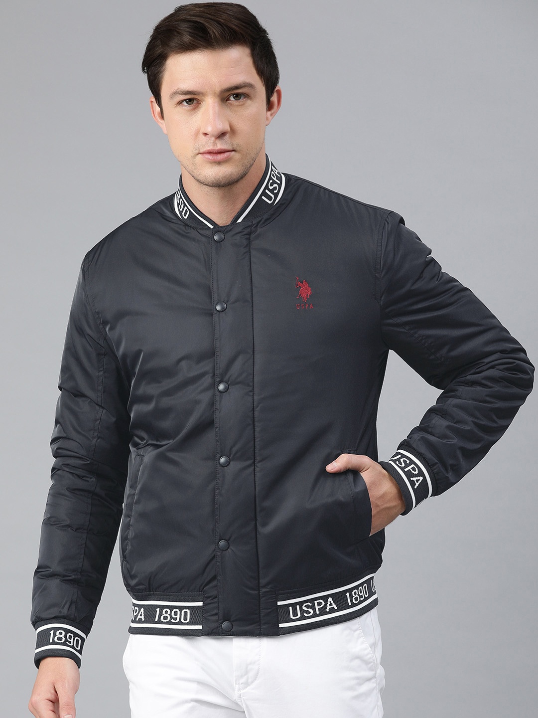 

U.S. Polo Assn. Men Navy Blue Solid Varsity Jacket