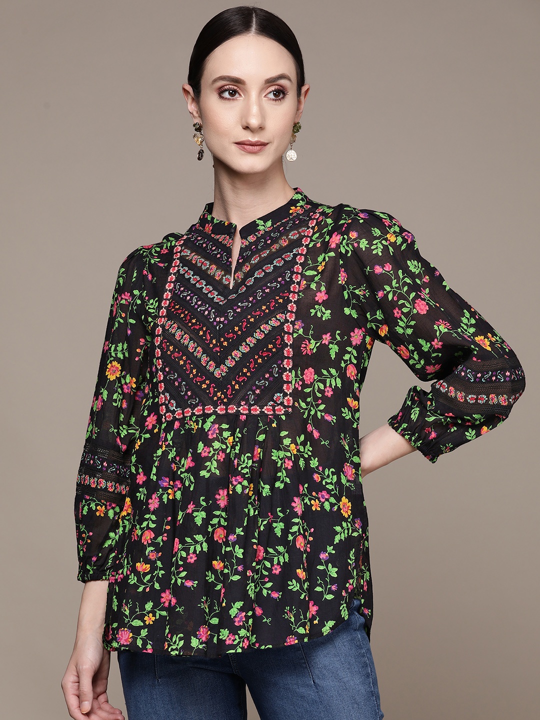 

Label Ritu Kumar Floral Print Mandarin Collar Puff Sleeves Georgette Top, Black