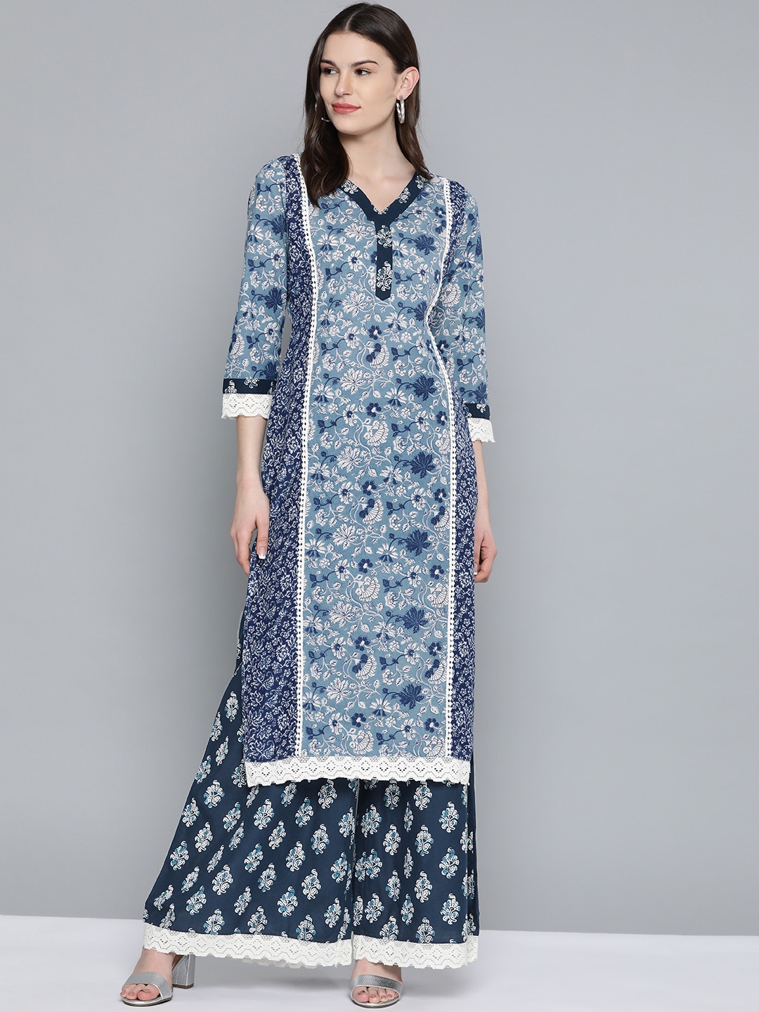 

HERE&NOW Women Blue & White Printed Kurta with Palazzos