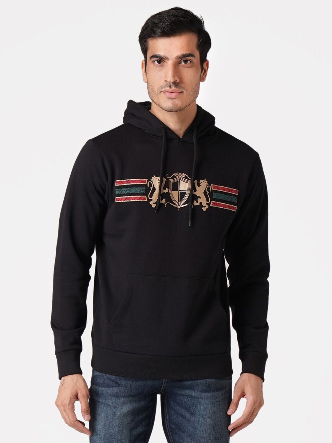 

Red Tape Men Black Printed Hooded Sweatshirt