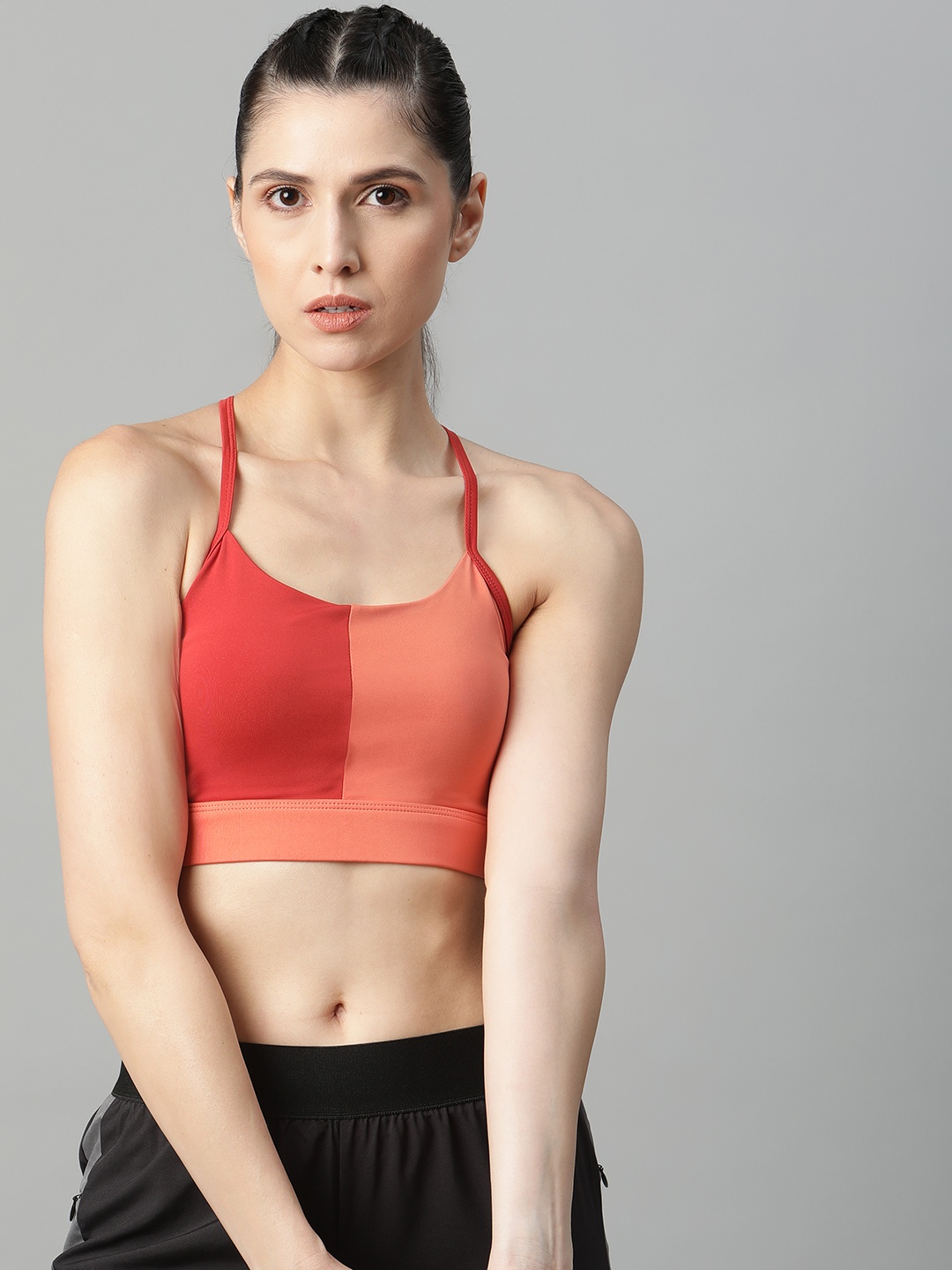 

HRX By Hrithik Roshan Women Soap Nut & Intense Rust Colourblock Rapid-Dry Running Bra, Coral