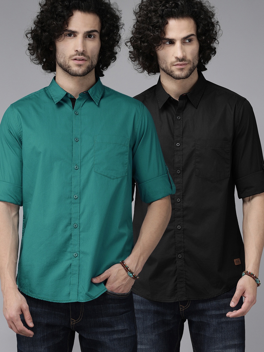 

Roadster Men Pack Of 2 Regular Fit Solid Casual Shirts, Teal