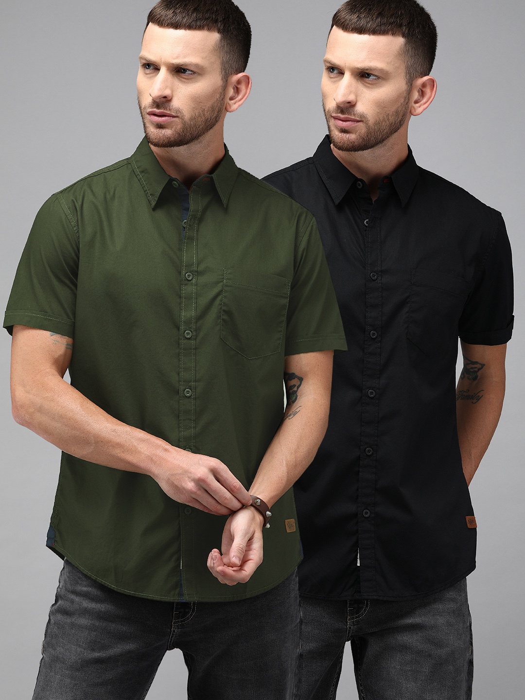 

Roadster Men Pack of 2 Black & Olive Green Regular Fit Solid Sustainable Casual Shirt