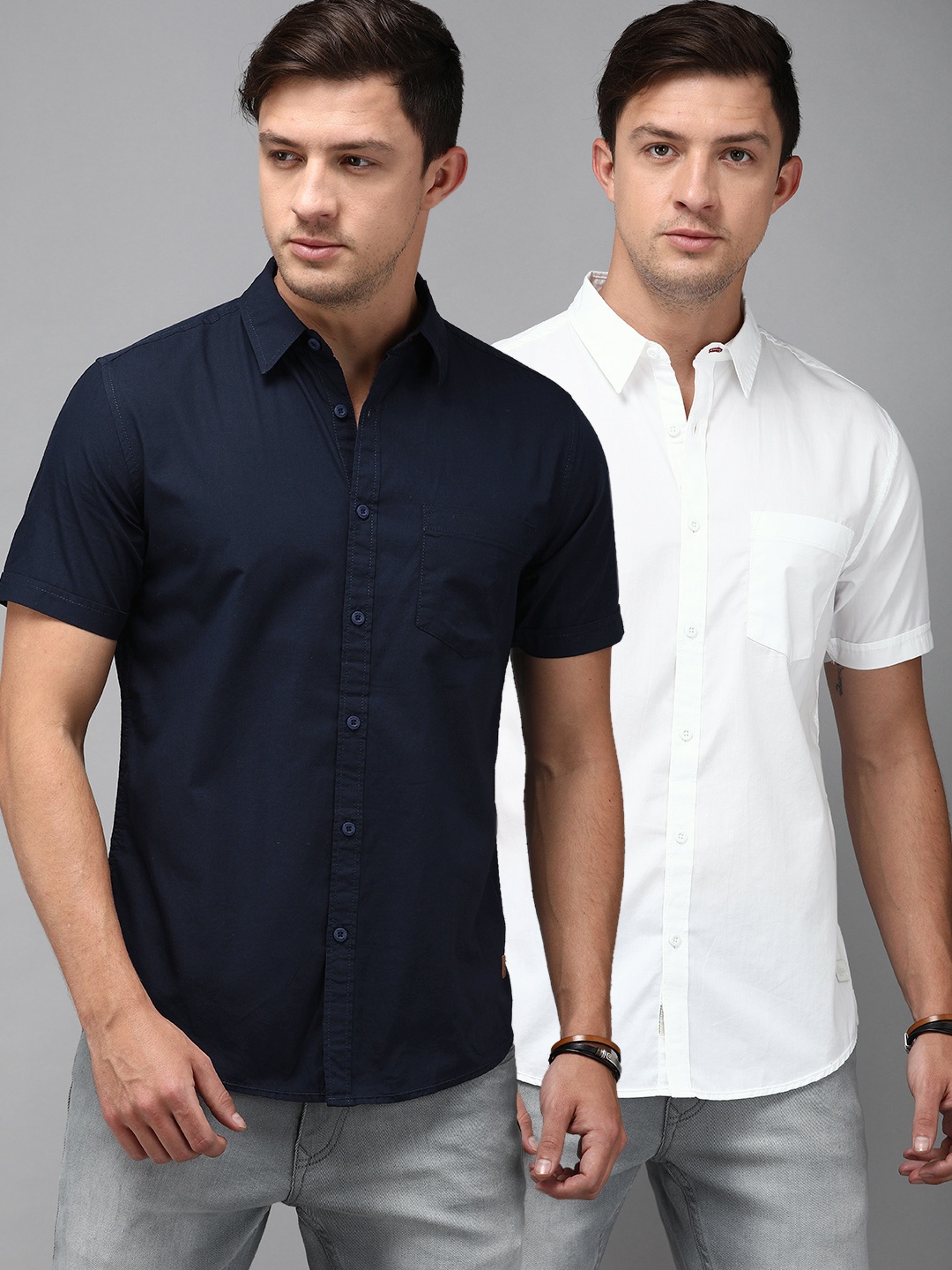 

Roadster Men Pack of 2 Navy Blue & White Regular Fit Solid Sustainable Casual Shirt