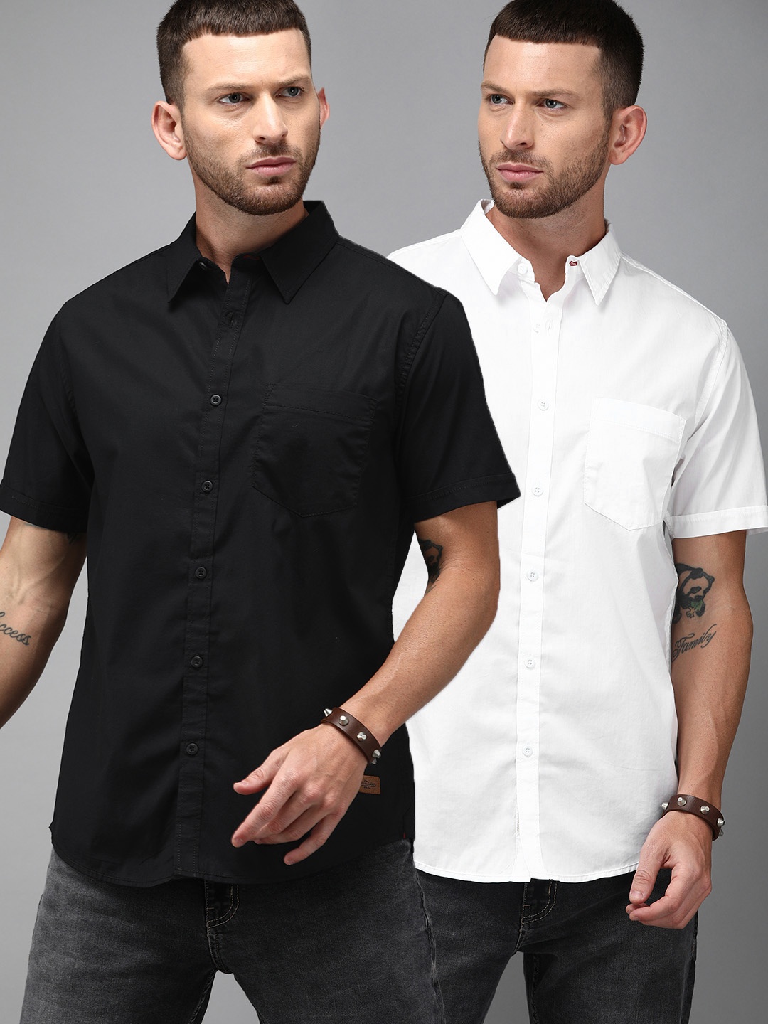 

Roadster Men Pack of 2 Black & White Regular Fit Solid Casual Shirt