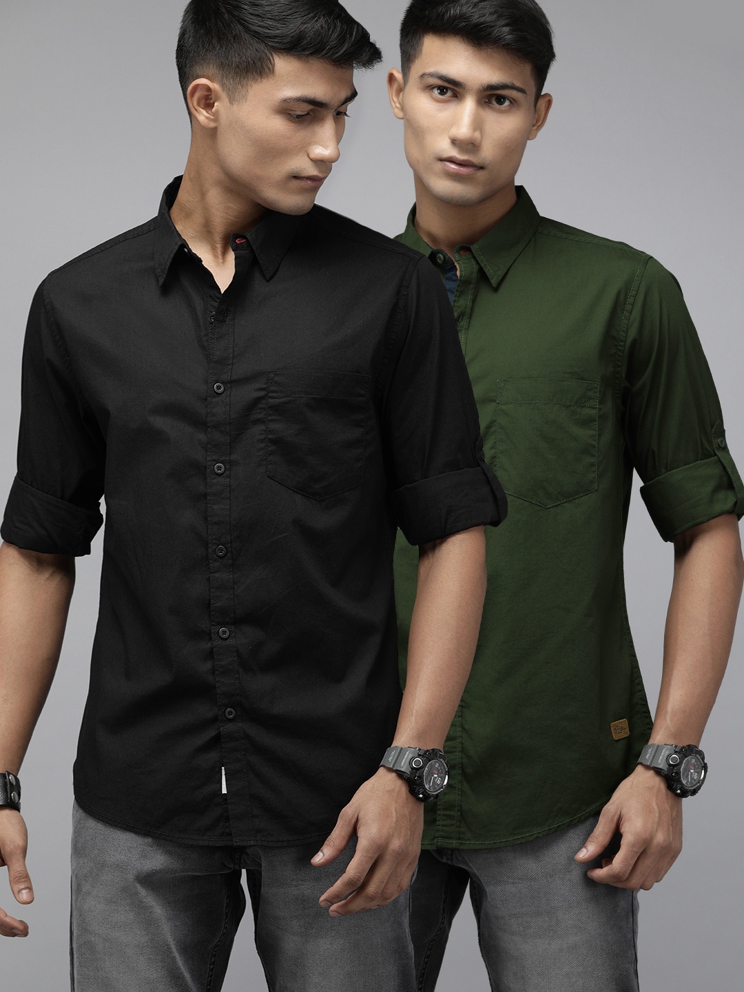 

Roadster Men Pack Of 2 Black & Olive Green Regular Fit Solid Casual Shirt