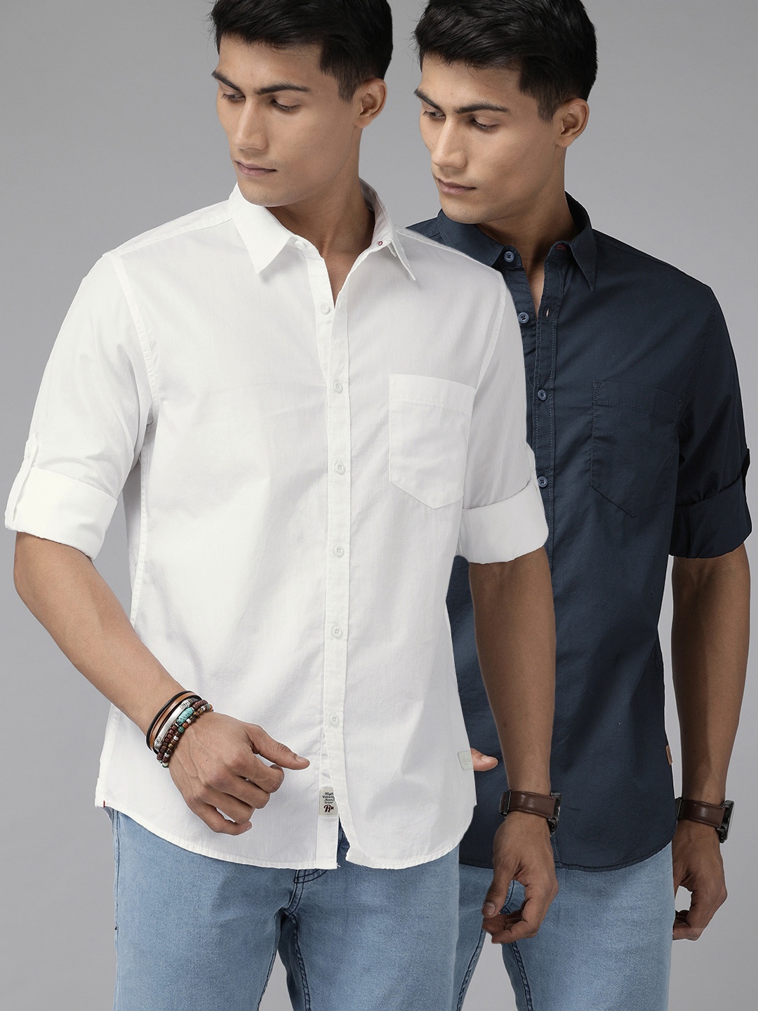

Roadster Men Pack Of 2 Navy Blue & White Regular Fit Solid Casual Shirts