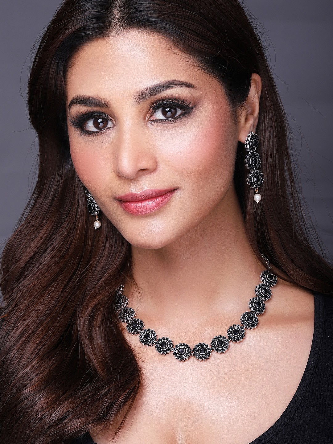 

Rubans Women Silver-Plated Black Artificial Stones Studded Oxidised Enamelled Jewellery Set