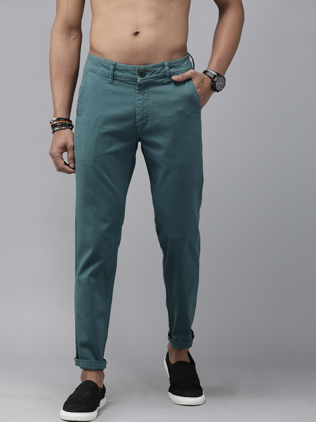 

Roadster Men Teal Blue Tapered Fit Solid Chinos