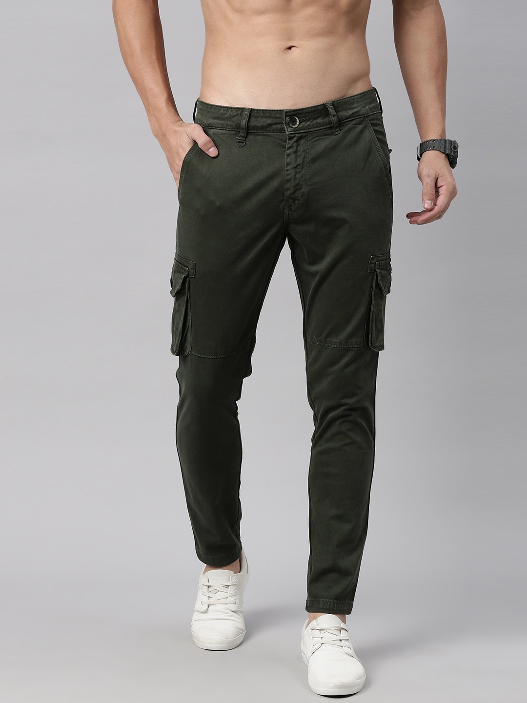 

Roadster Men Olive Green Regular Fit Solid Cargos