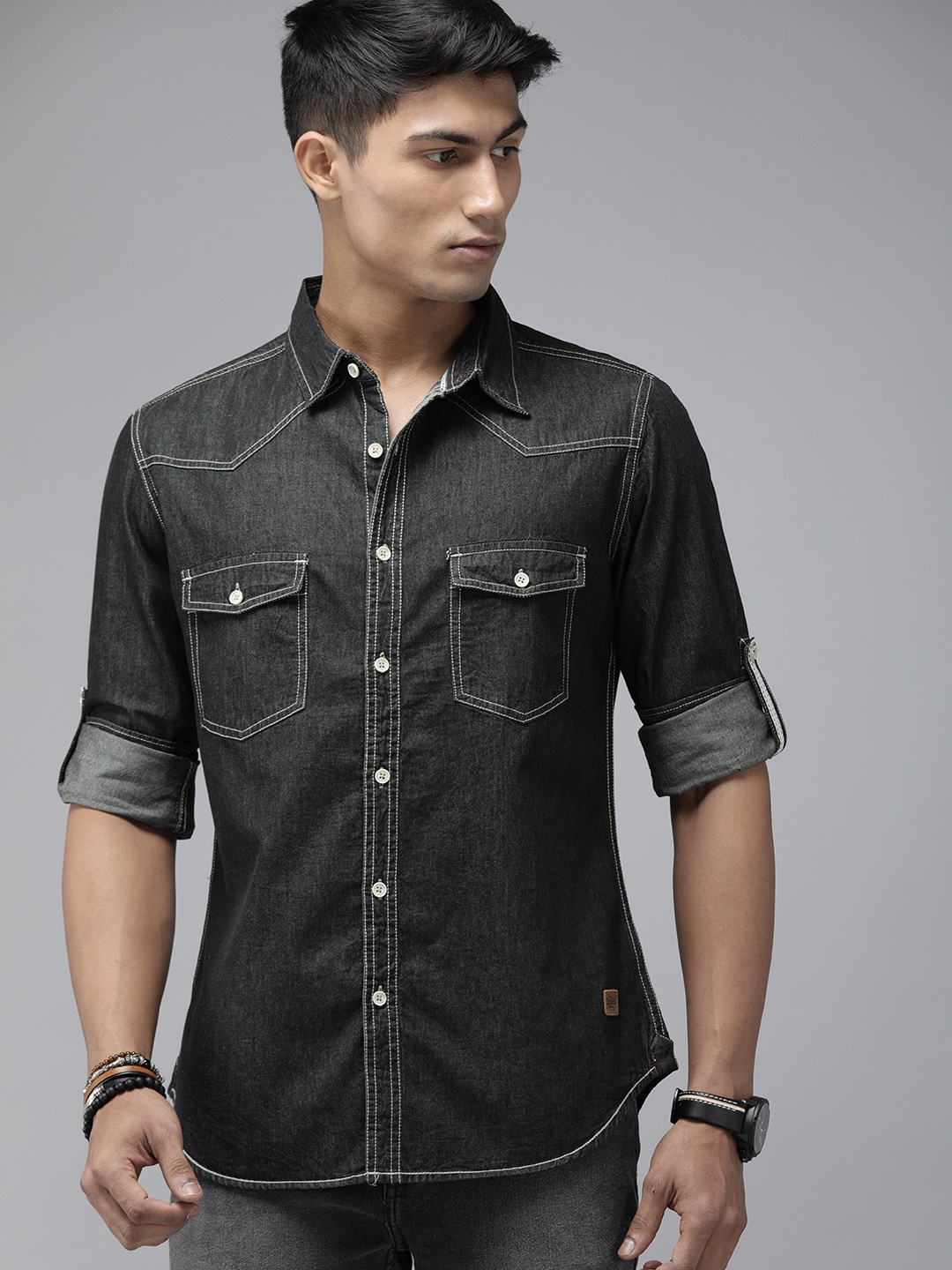 

Roadster Men Black Regular Fit Solid Denim Casual Shirt with Flap Pockets