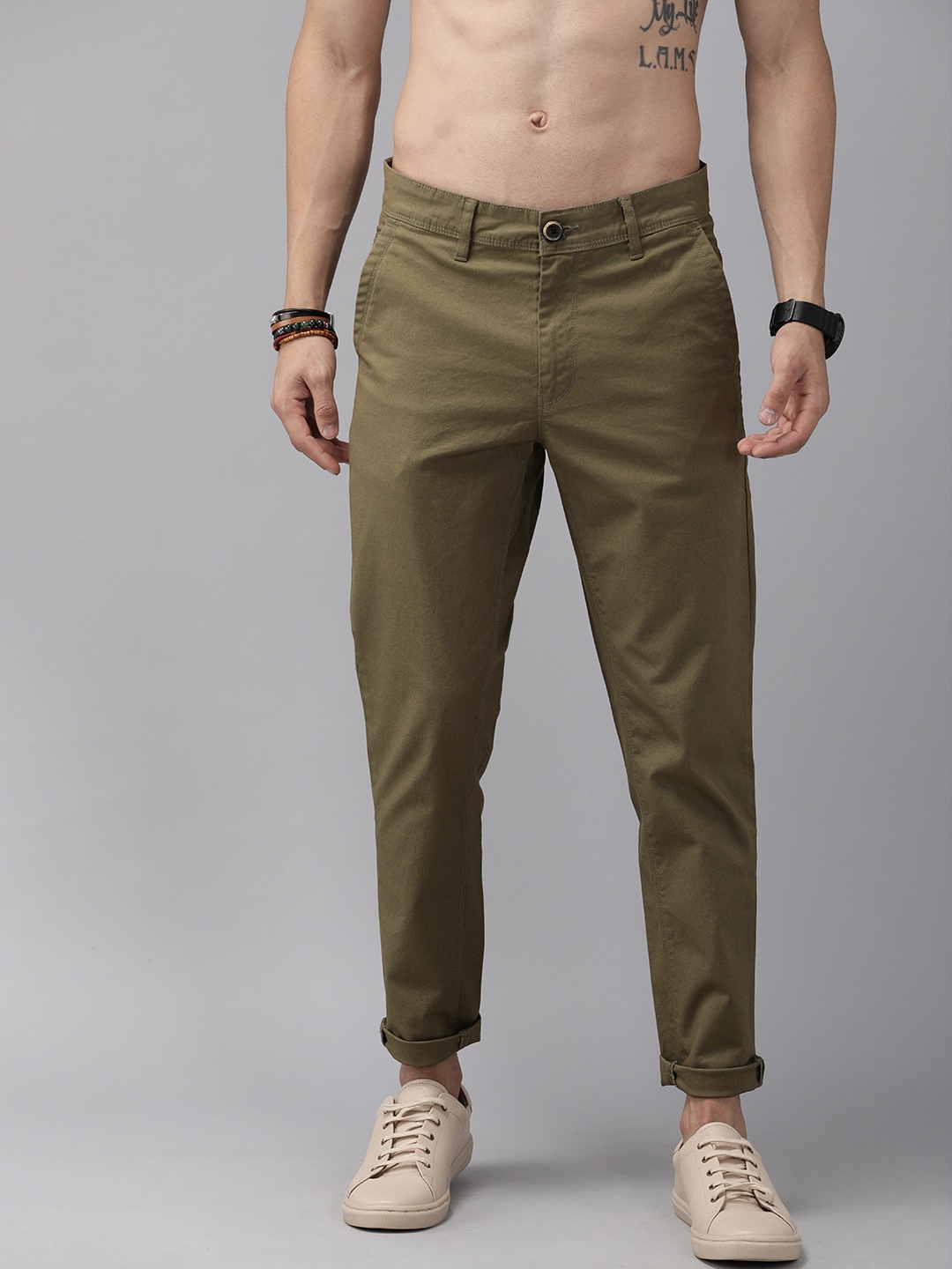

Roadster Men Khaki Brown Regular Fit Solid Regular Trousers