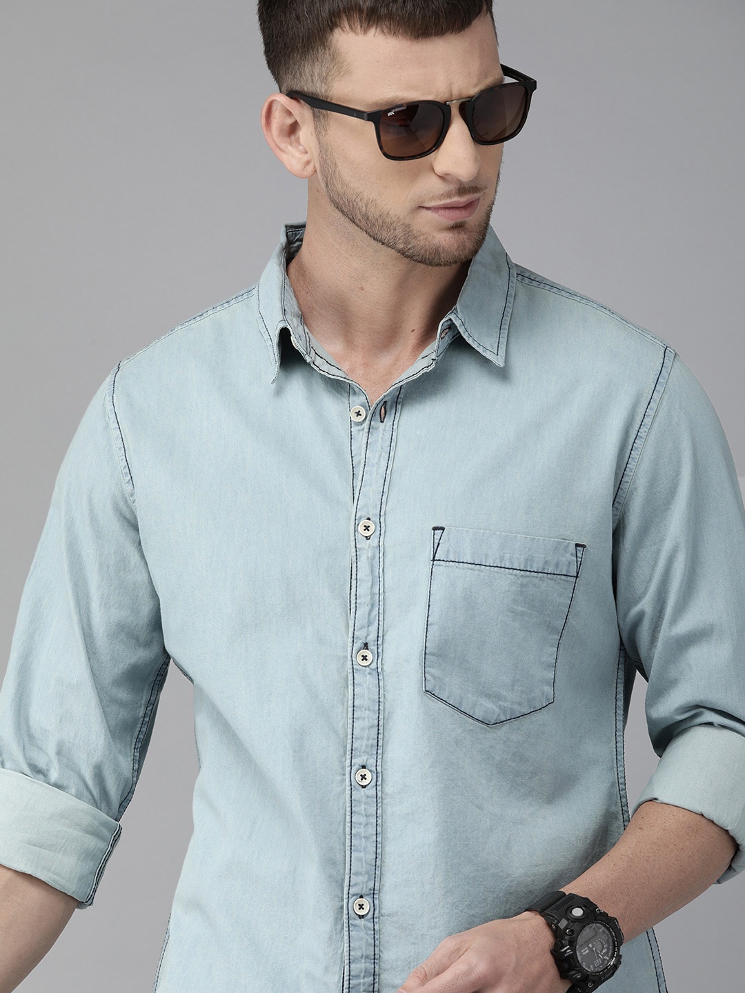 Roadster Men Blue Regular Fit Solid Casual Denim Shirt