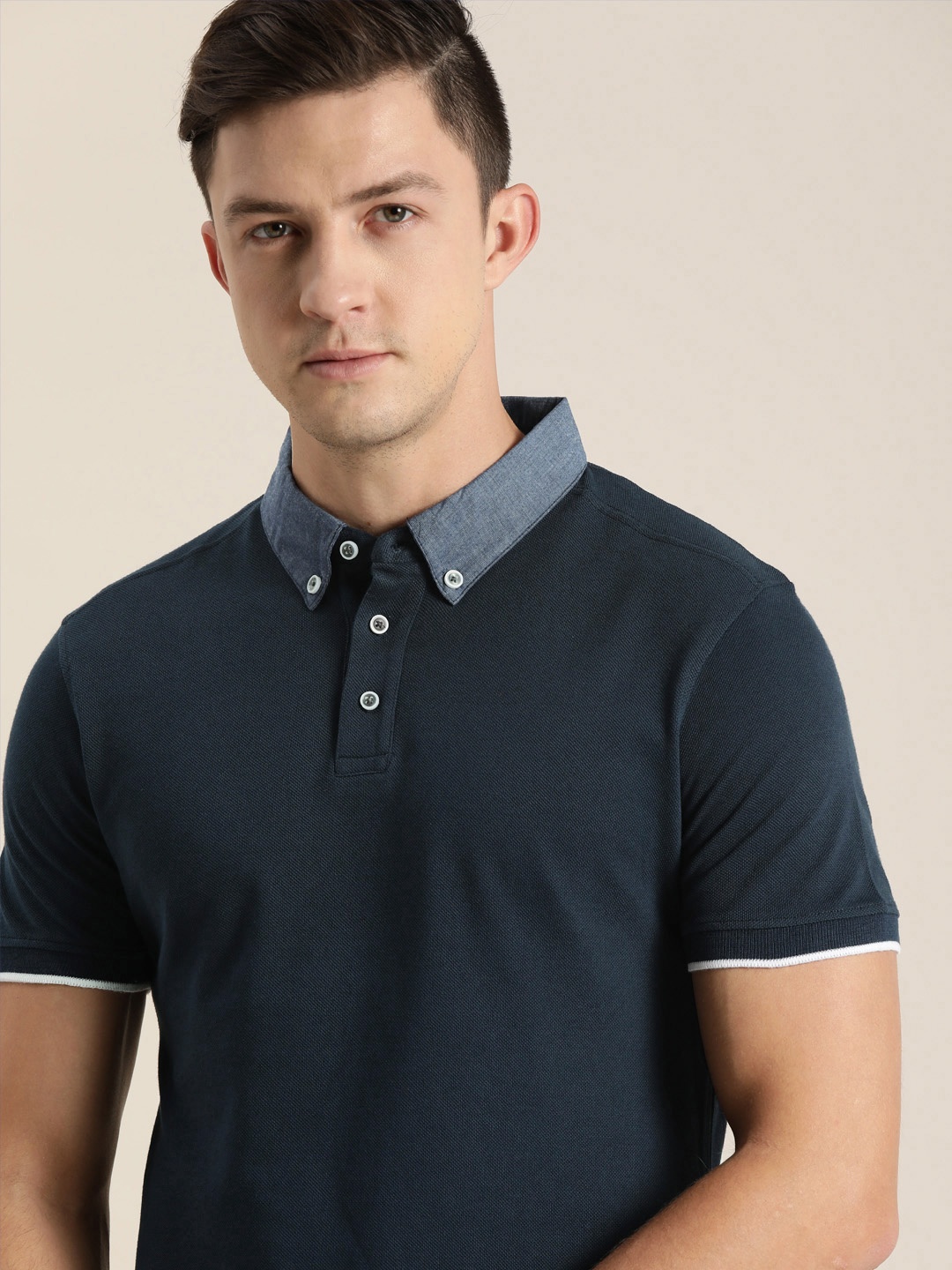 

INVICTUS Men Navy Blue Solid Polo Collar Pure Cotton T-shirt