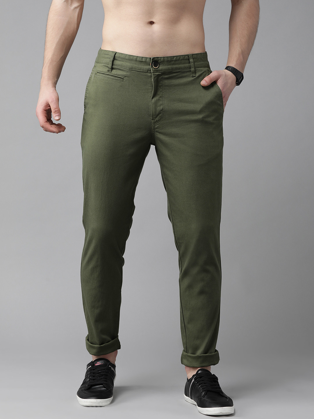 

Roadster Men Olive Green Regular Fit Solid Trousers