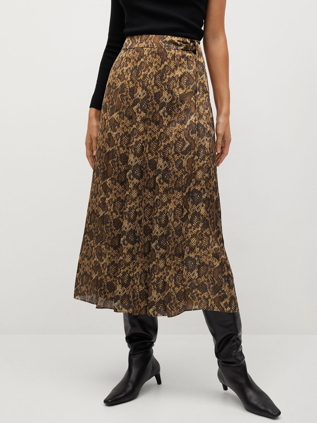 

MANGO Women Olive Green & Black Snakeskin Print Pleated Midi A-line Skirt