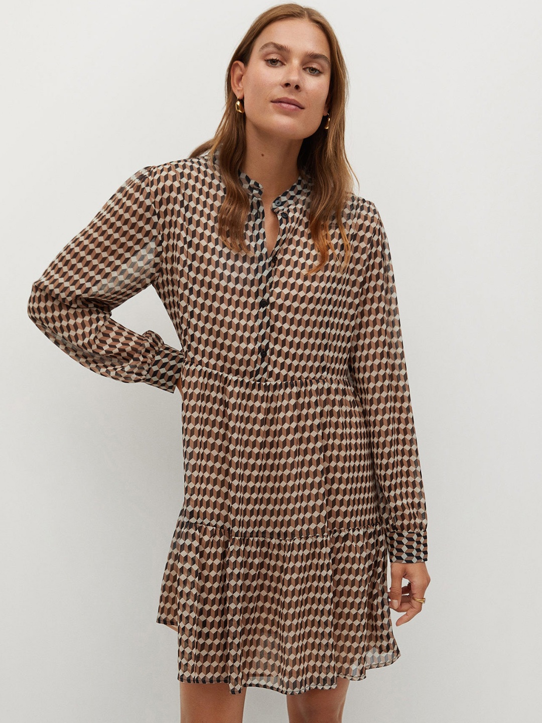 

MANGO Women Brown Sustainable Printed Tiered A-Line Dress, Beige