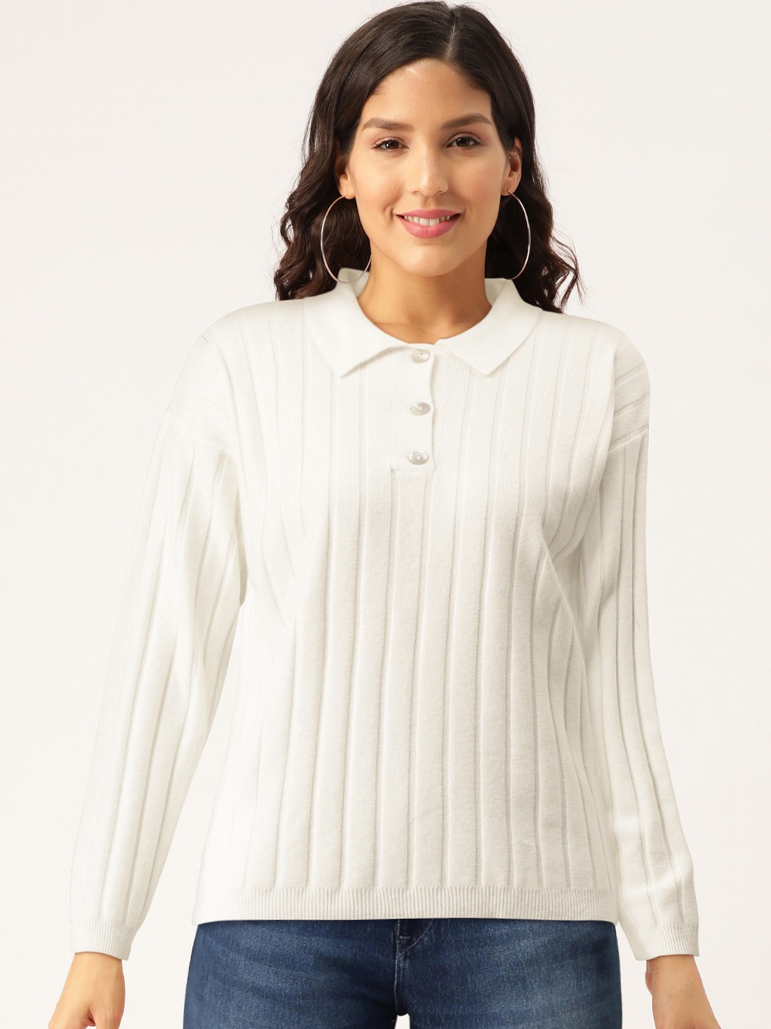 

MANGO Women White Self Striped Pullover Sweater