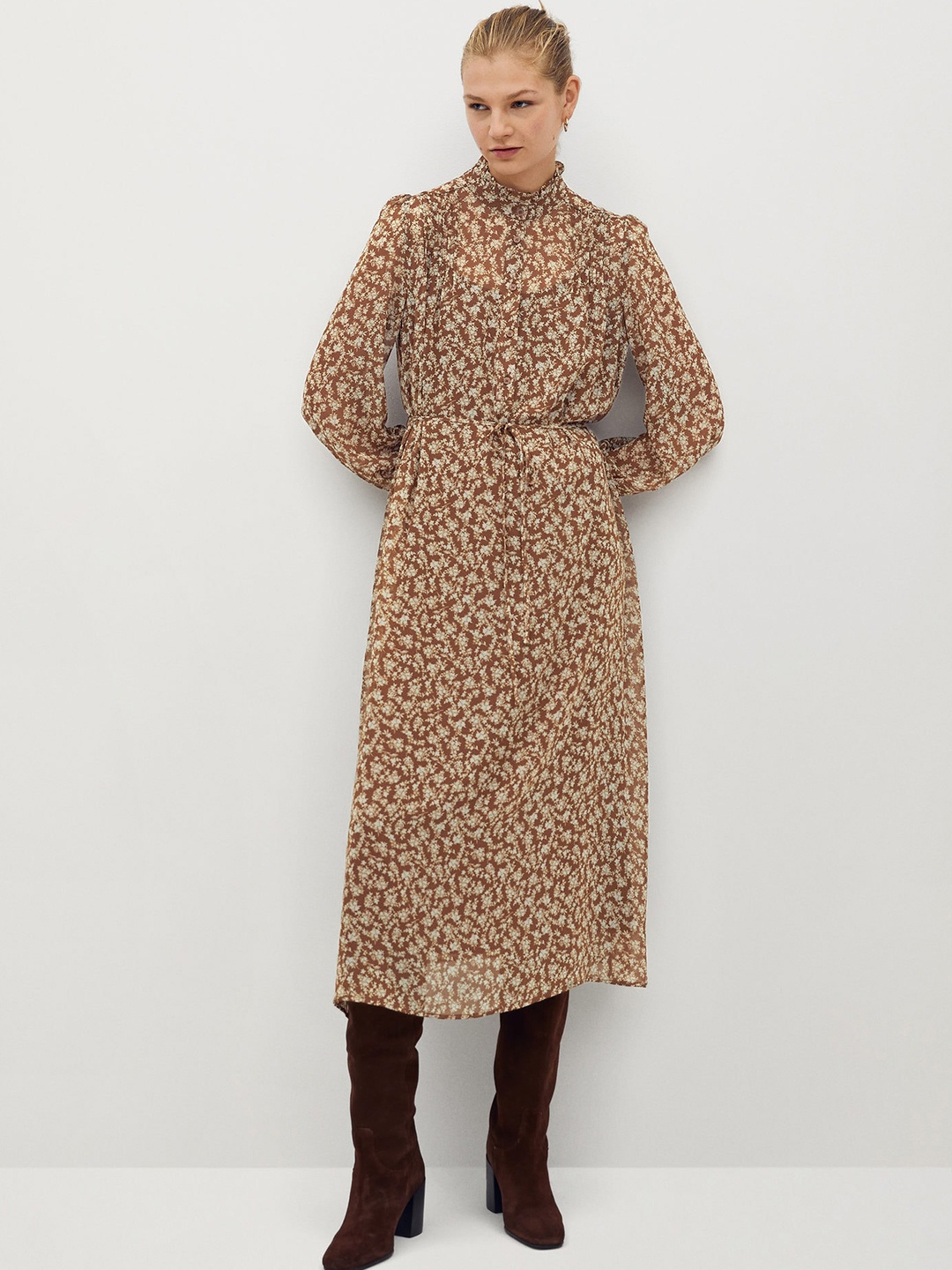 

MANGO Women Brown & Beige Printed A-Line Midi Dress