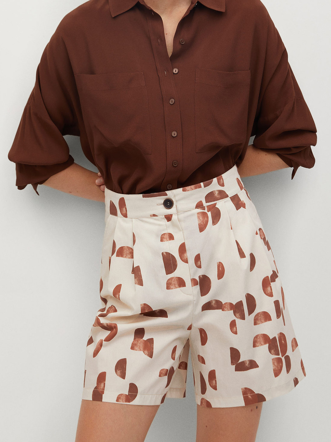 

MANGO Women Off-White & Rust Brown Printed Regular Fit Shorts