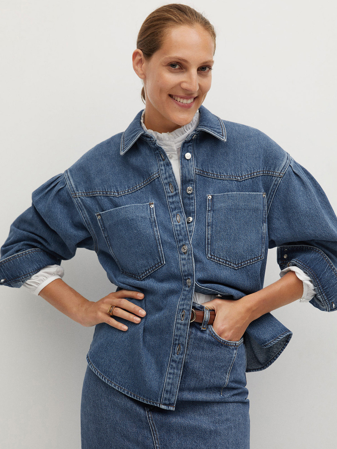 

MANGO Women Blue Sustainable Regular Fit Faded Casual Denim Shacket
