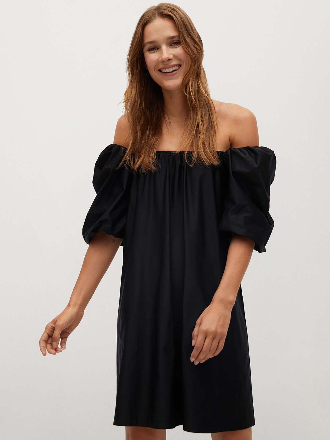 

MANGO Women Black Solid Off-Shoulder A-Line Dress