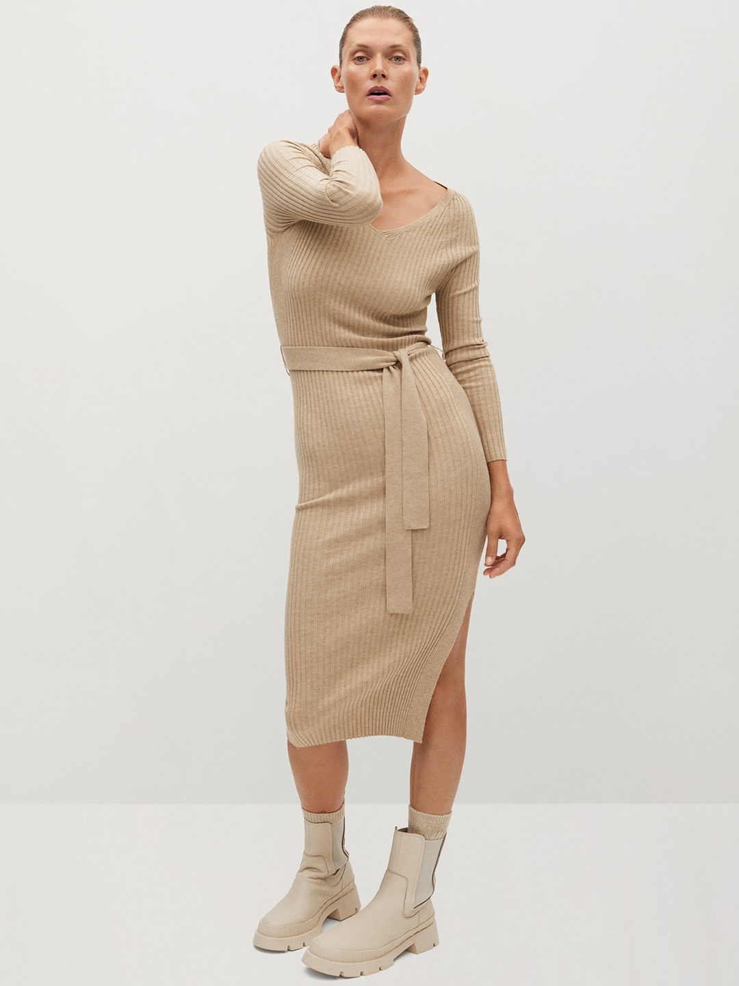 

MANGO Women Beige Solid Bodycon Dress