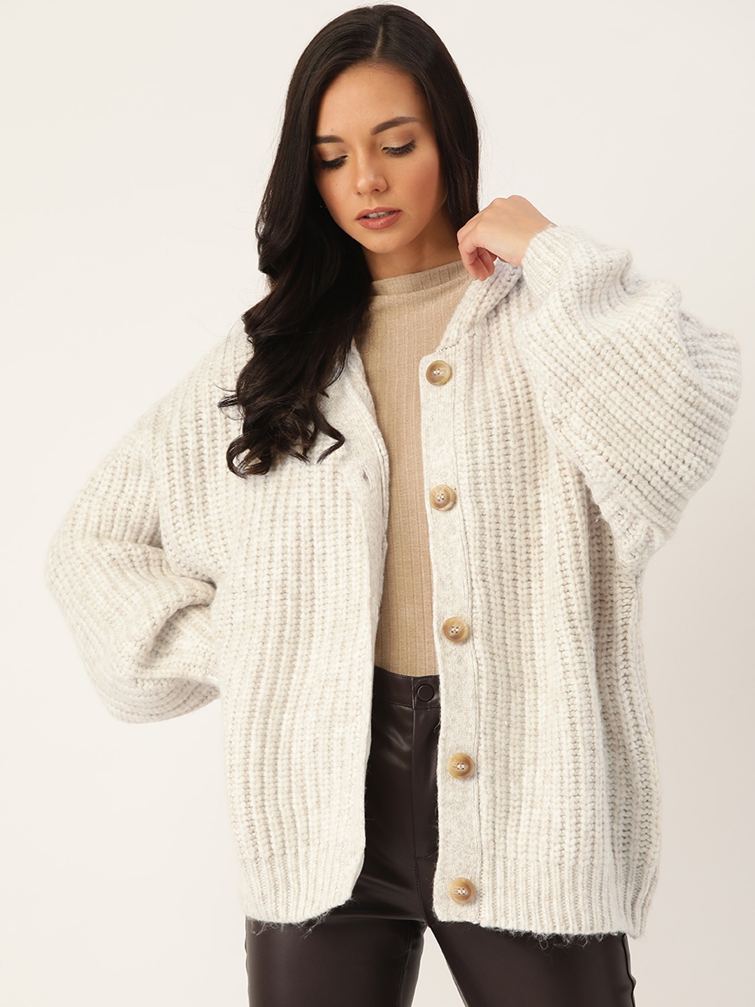 

MANGO Women Off-White Solid Cardigan