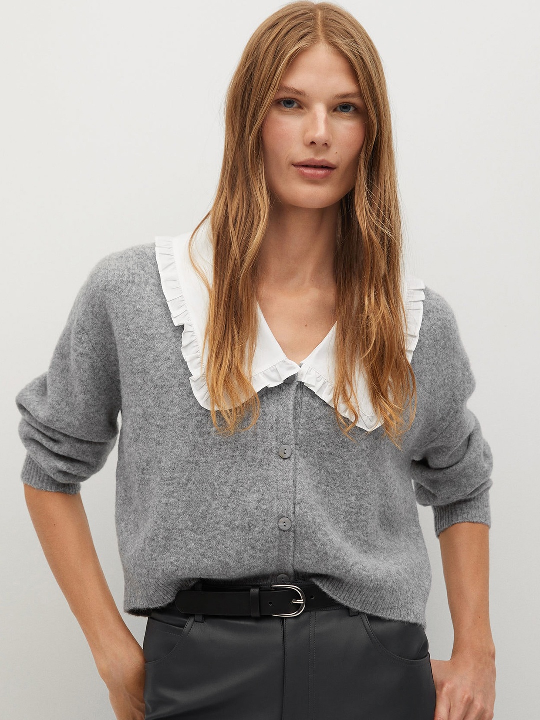 

MANGO Women Grey Melange Solid Sustainable Crop Cardigan