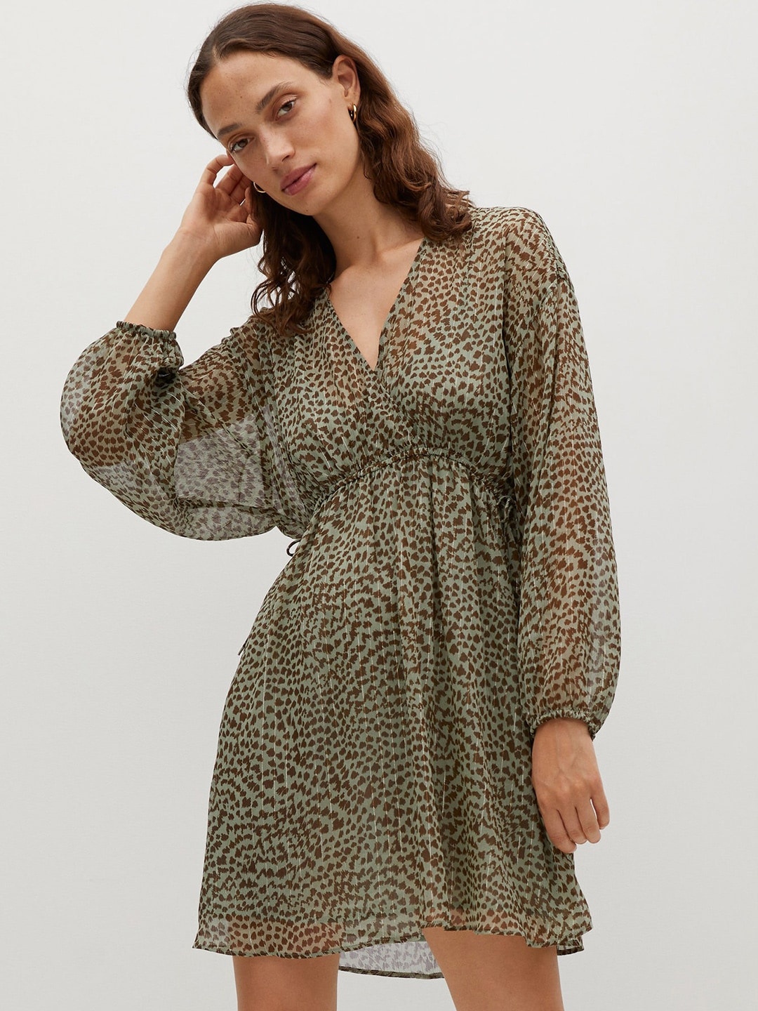 

MANGO Women Green & Brown Animal Print Empire Dress