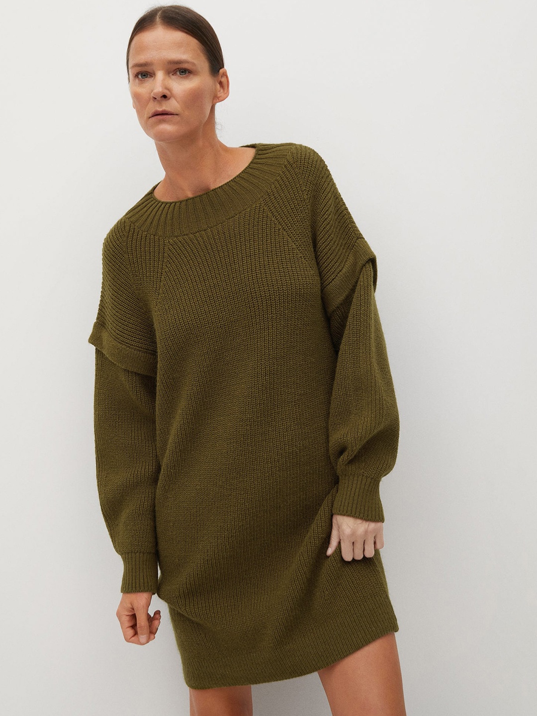 

MANGO Women Olive Green Solid Jumper Dress