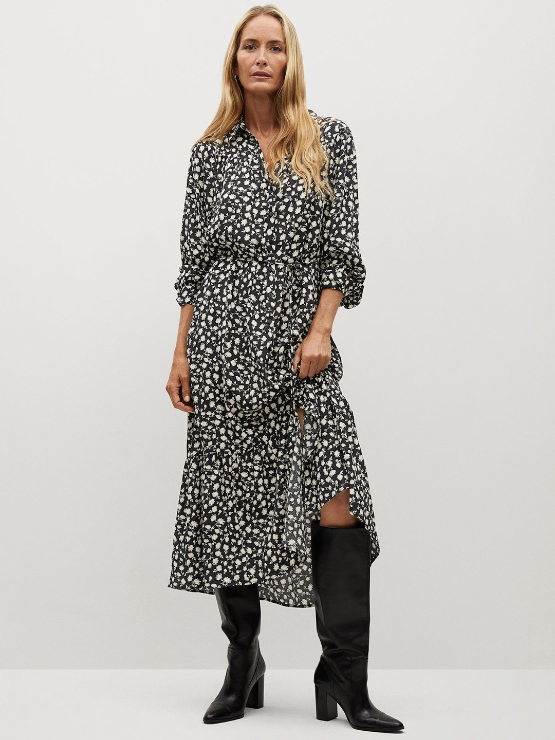 

MANGO Women Black & White Floral Print Shirt Maxi Dress