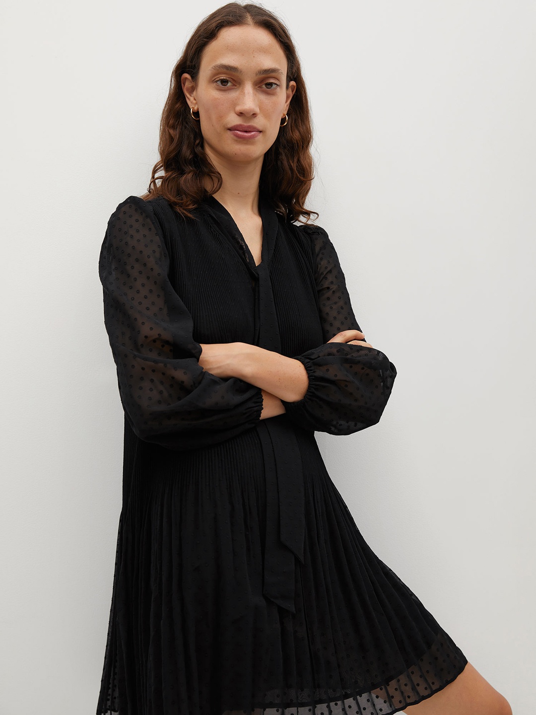 

MANGO Women Black Accordion Pleated Solid A-Line Dress