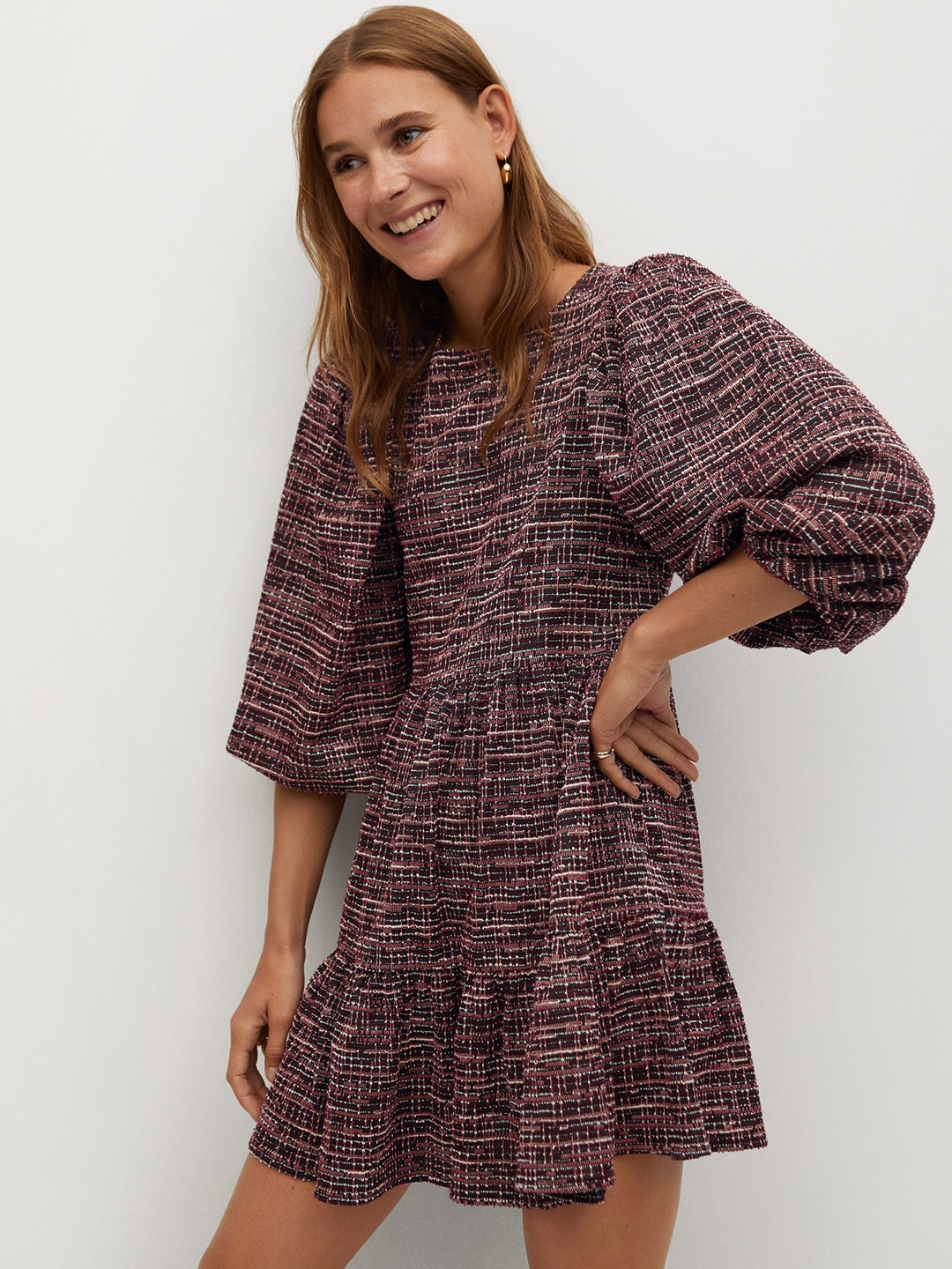 

MANGO Women Maroon & White Self Design A-Line Dress