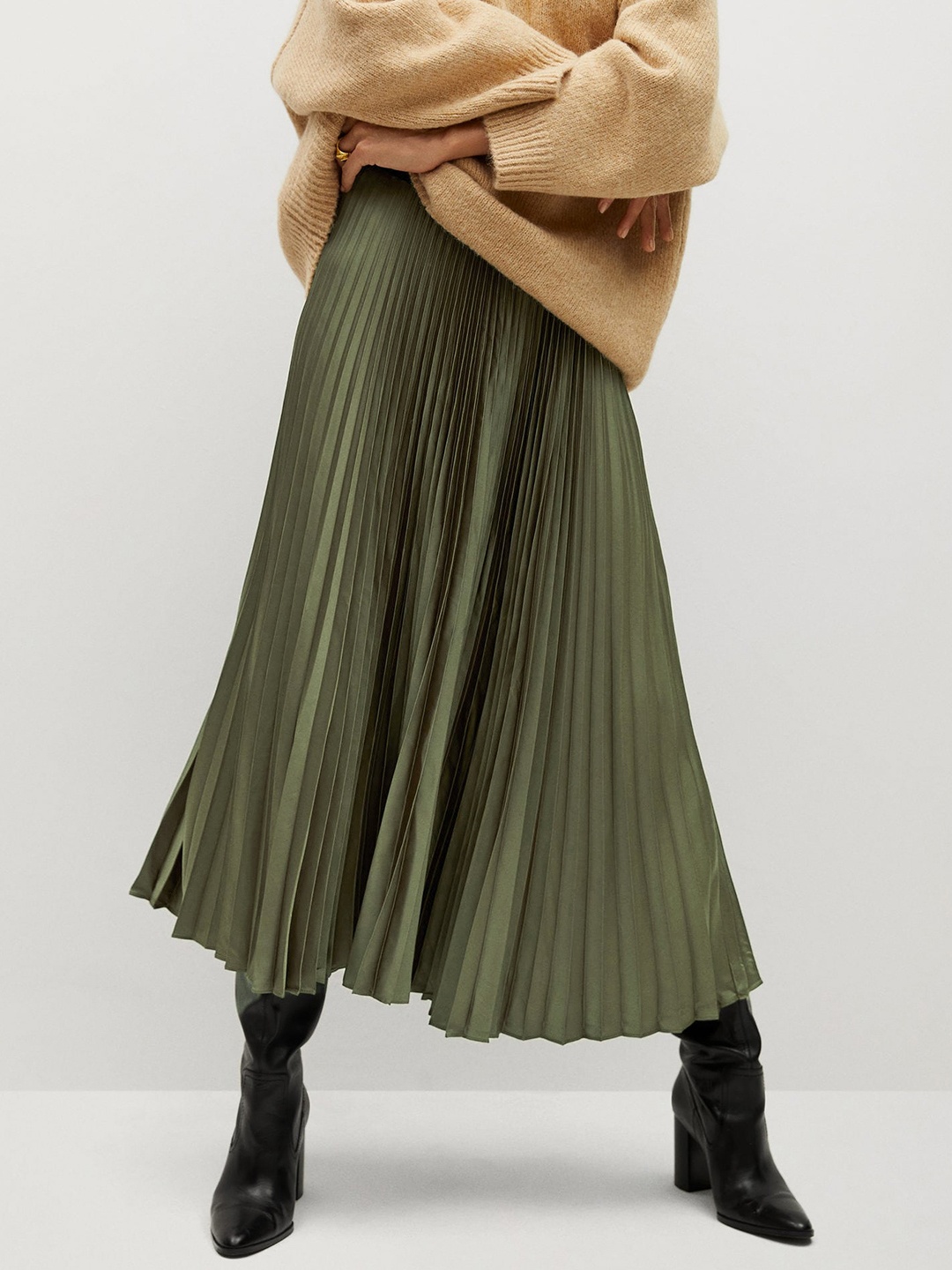 

MANGO Women Olive Green Solid Satin Sustainable Accordion Pleated A-Line Midi Skirt