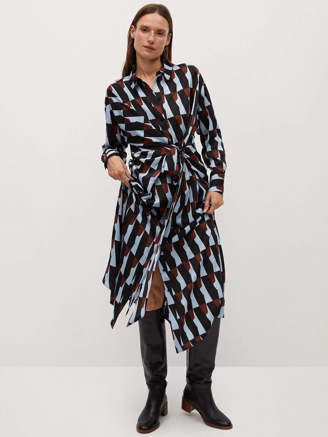 

MANGO Women Blue & Black Printed Shirt Dress