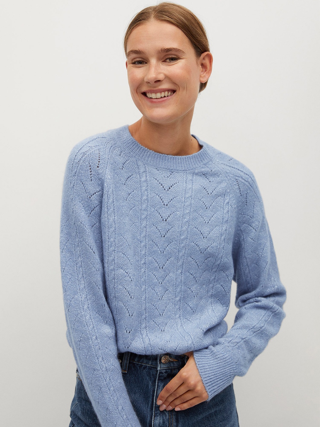 

MANGO Women Blue Self Design Open Knit Pullover Sweater