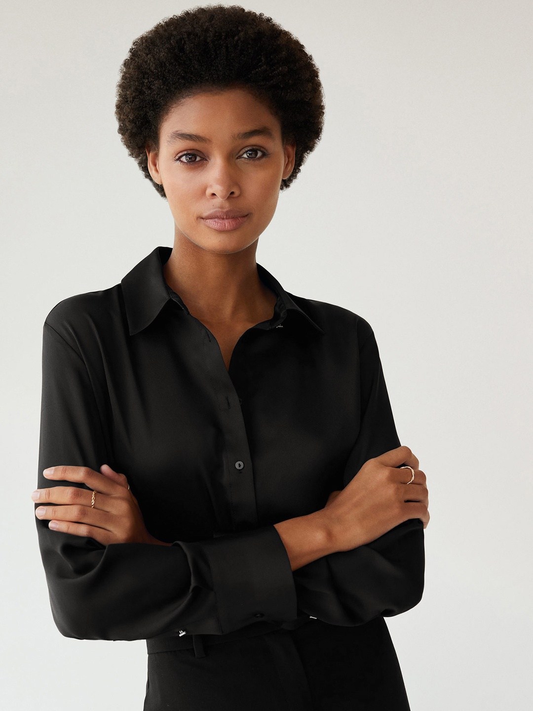 

MANGO Women Black Solid Regular Fit Casual Shirt with Satin Finish