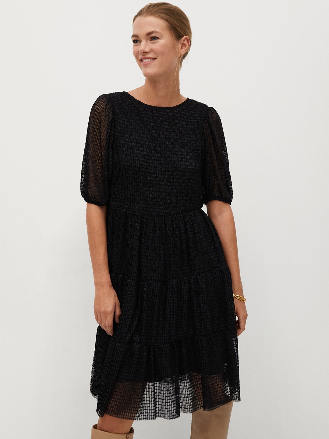 

MANGO Women Black Self Design Net A-Line Dress