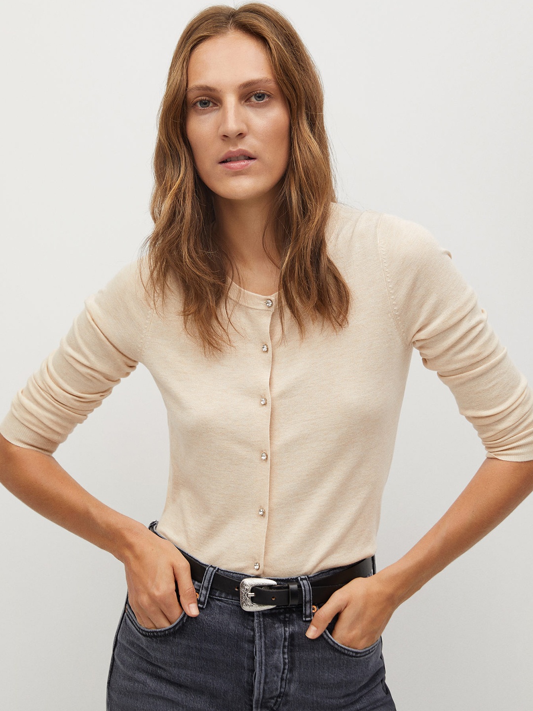 

MANGO Women Beige Solid Cardigan