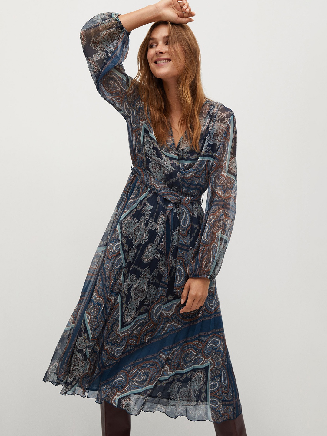 

MANGO Women Blue & White Printed Wrap Dress