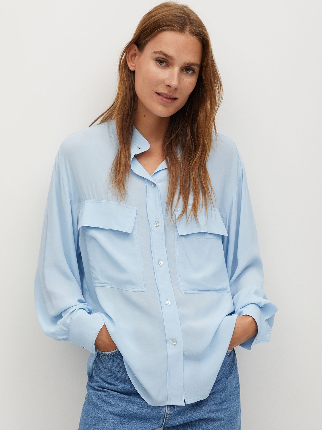 

MANGO Women Blue Regular Fit Solid Sustainable Longline Casual Shirt