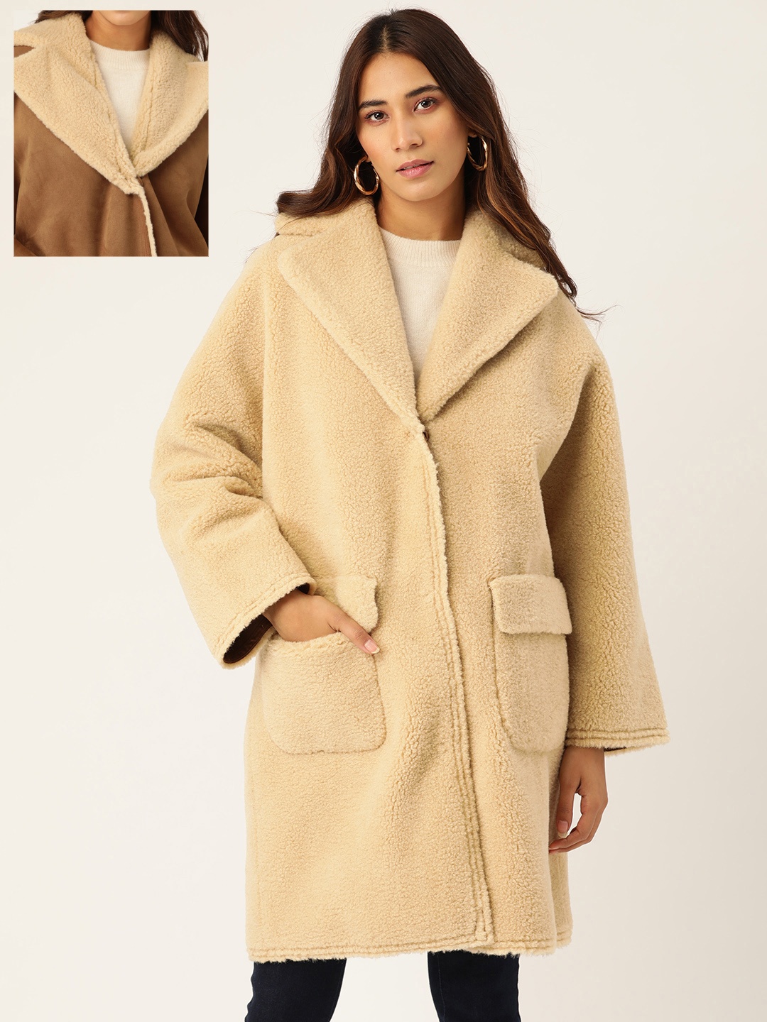 

MANGO Women Beige & Brown Solid Reversible Knee Length Overcoat